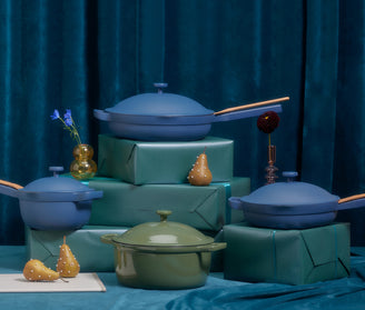 blue salt large always pan, blue salt always pan, blue salt mini perfect pot and sage cast iron perfect pot