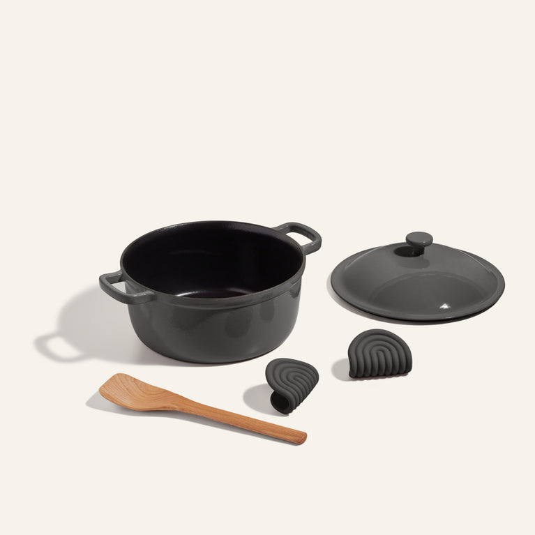 Black Cast Iron Perfect Pot with hot grips and scraper