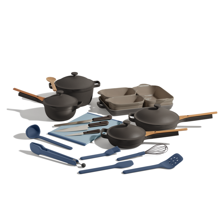 Black and Blue Always Pan Mini Always Pan Perfect Pot Mini Perfect Pot Bakeware Set Utensil Essentials Cutting Board and knives bundle