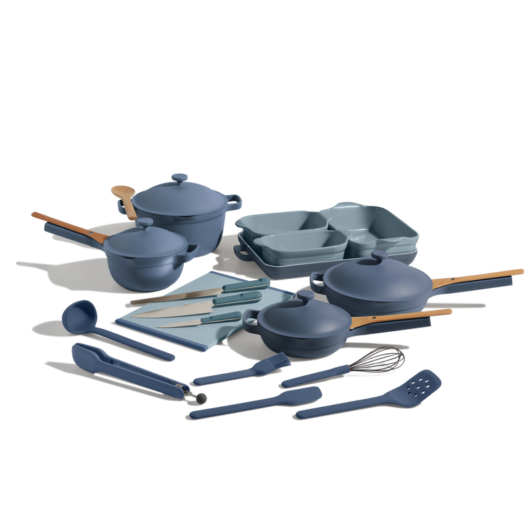 Blue Always Pan Mini Always Pan Perfect Pot Mini Perfect Pot Bakeware Set Utensil Essentials Cutting Board and knives bundle