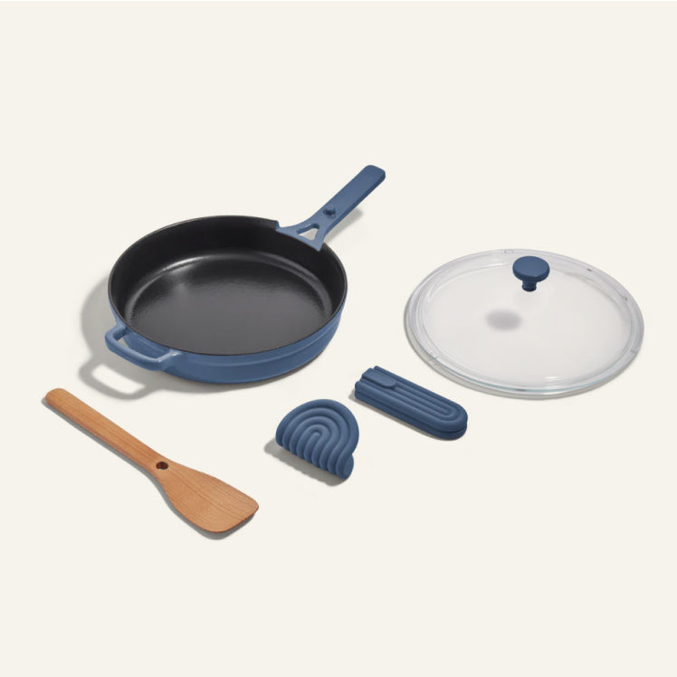 Blue Cast Iron Always Pan with spatula and hot grips