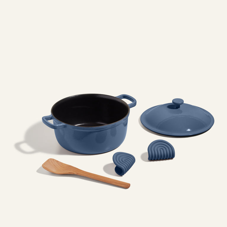 Blue Cast Iron Perfect Pot with hot grips and scraper