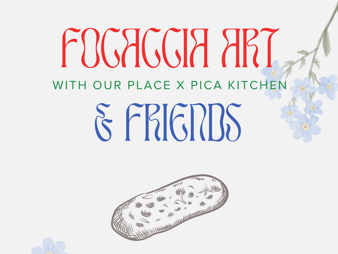 Promotional graphic for 'Fogaggia Art & Friends' with a bread illustration and floral elements on a light background.