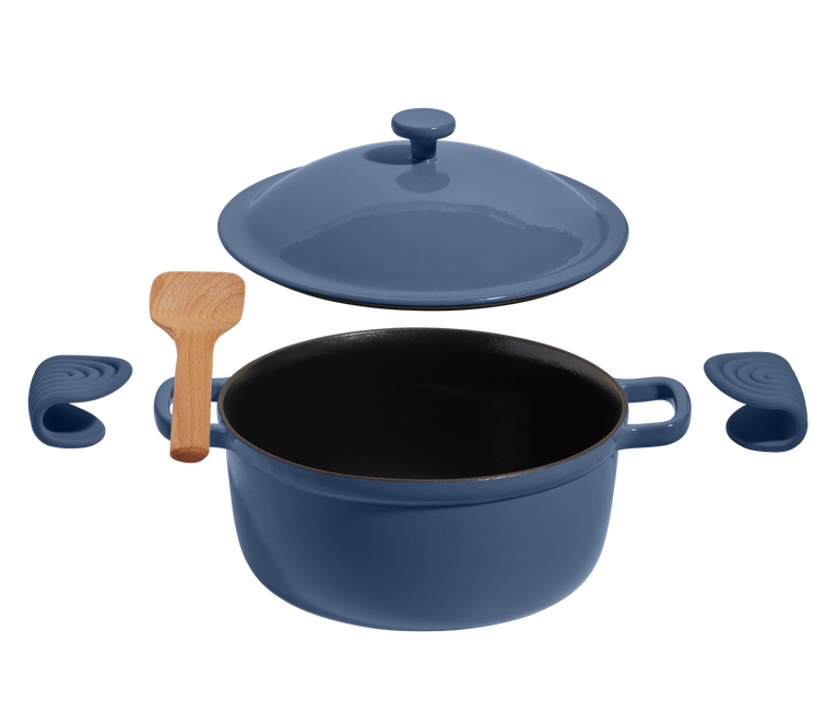 expanded blue salt perfect pot + hot grip + beechwood spatula
