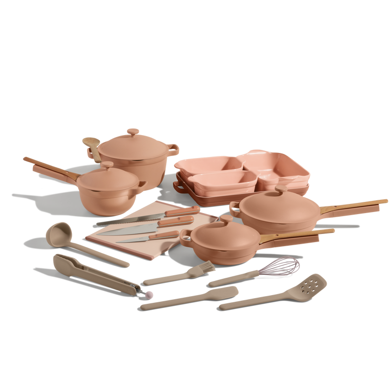 Pink and beige Always Pan Mini Always Pan Perfect Pot Mini Perfect Pot Bakeware Set Utensil Essentials Cutting Board and knives bundle