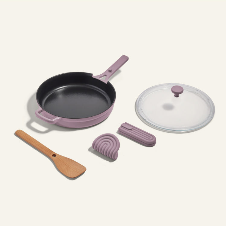 Purple Cast Iron Always Pan with spatula and hot grips
