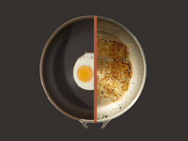A frying pan split in half: the left side is clean with a cooked sunny-side-up egg, while the right side is greasy and stained with burnt food residue.