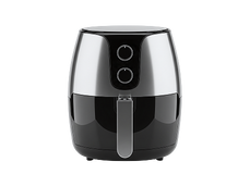 Silver and black air fryer with two control dials on the front panel.