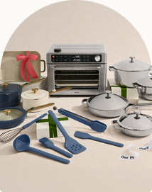 Collection of kitchen appliances and utensils on a beige background