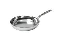 A stainless steel frying pan with a long handle, shown on a plain white background.