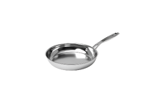A stainless steel frying pan with a long handle, shown against a plain white background.