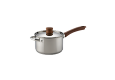 A stainless steel saucepan with a glass lid and a brown handle, set against a plain white background.