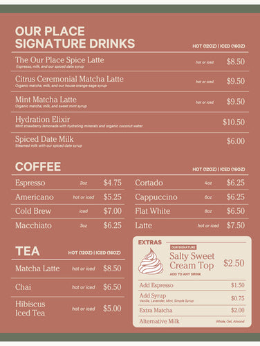 A café menu lists signature drinks, coffee, tea, and extras with prices. Options include lattes, matcha, espresso drinks, and toppings like Salty Sweet Cream Top.