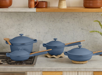 blue perfect pot and mini always pan on stove, blue mini perfect pot and aways pan on counter