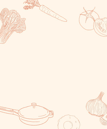 beige image with lettuce, tomatoes, always pan, carrot, garlic, and egg illustration