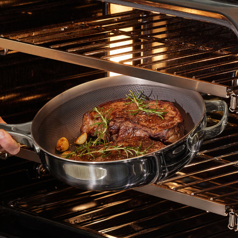 cooking steak in oven in chrome titanium always pan pro
