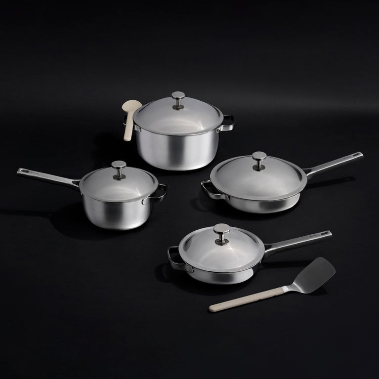 chrome titanium perfect pot pro, mini perfect pot pro, always pan pro, and mini always pan pro with silicone spoon and stainless steel spatula