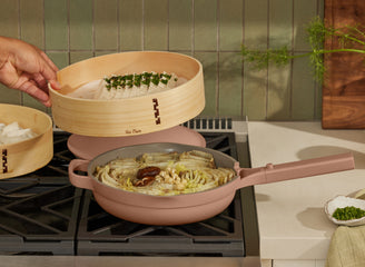 bamboo spruce steamer with spice always pan on stove