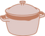 A simple, brown, hand-drawn illustration of a lidded cooking pot with two handles, viewed from an angle.