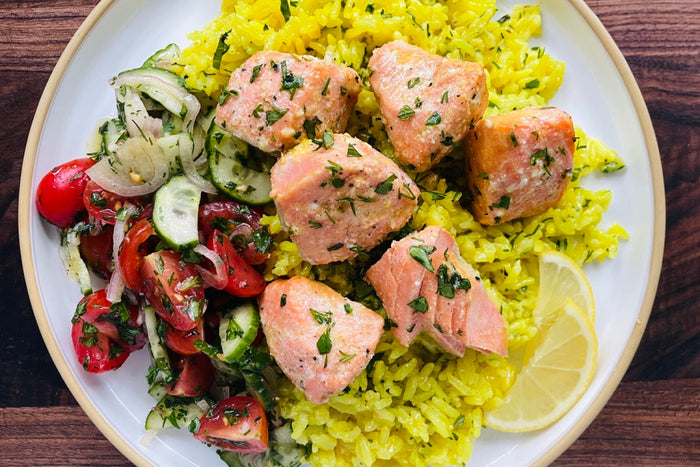 Salmon and Lemon Butter Rice with Tomato–Cucumber Salad