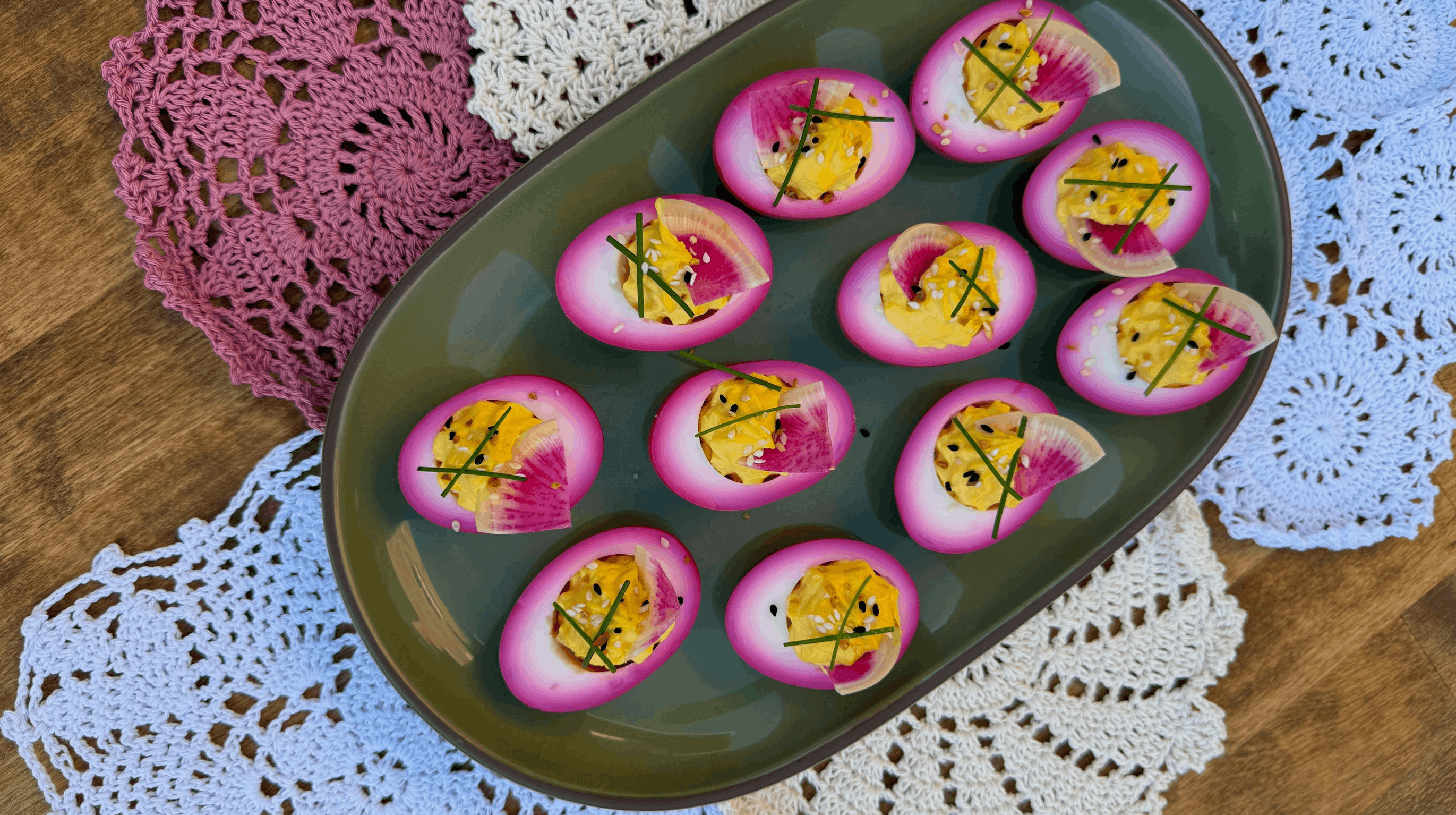 Pink Halo Deviled Eggs with Watermelon Radish–Our Place