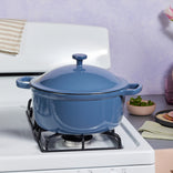 blue salt cast iron perfect pot on stove