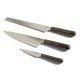 Three kitchen knives with brown handles and silver blades are arranged in parallel on a white background.