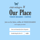 Blue flyer for Club Milagro x Our Place in-store event