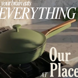 Green frying pan on a stove with text overlay 'your brain eats EVERYTHING Our Place'