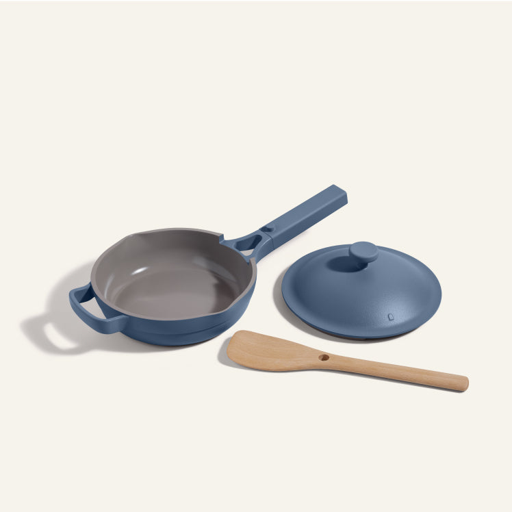 Blue Mini Always Pan with nesting Beechwood Spatula