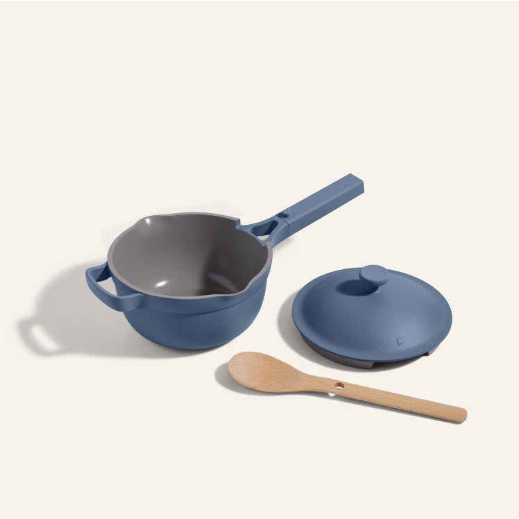 Blue Mini Perfect Pot with lid and nesting Beechwood Spoon