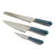 Three kitchen knives with silver blades and teal handles are arranged in a row on a white background.