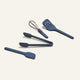 Four blue Mini Utensil Essentials—spatula, tongs, whisk, and slotted turner—are arranged on a plain light background.