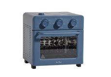 Blue countertop convection oven with three control knobs and a glass door.