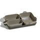 Four gray ceramic baking dishes of varying sizes are nested together on a plain white background.