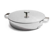 Stainless steel casserole dish with two handles and a matching lid, shown on a plain white background.