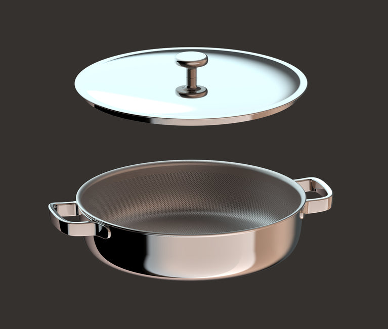 A stainless steel pot with two handles and a detached lid hovering above it, set against a dark background.
