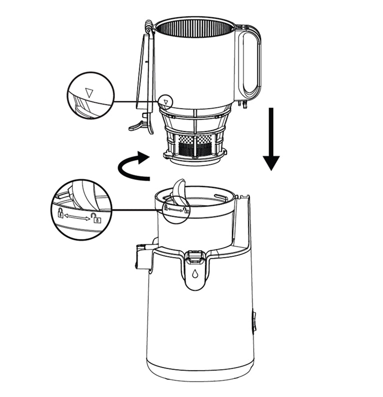 Diagram showing the assembly of a coffee maker with labeled parts on a white background