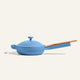 Ceramic Nonstick Always Pan 8.5” in blue, featuring a non-toxic nonstick coating, wooden handle, and matching lid, displayed on a light background.