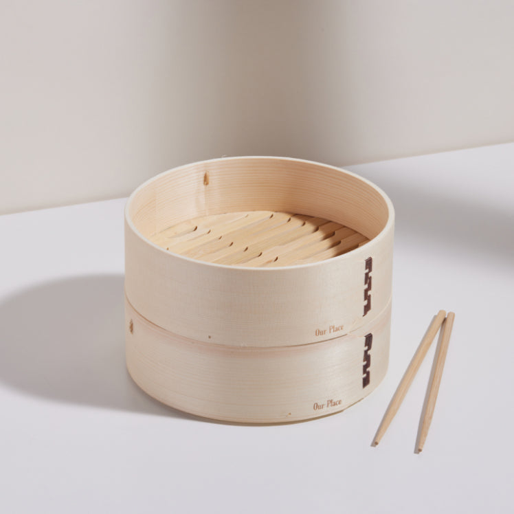 Mini Spruce Steamers stacked with chopsticks