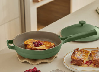 green always pan with cooked french toast on counter