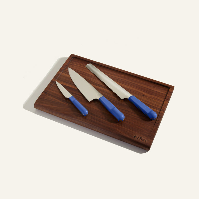 blue Serrated Slicing Knife Everyday Chefs Knife Perfect Paring Knife and Walnut Cutting Board bundle