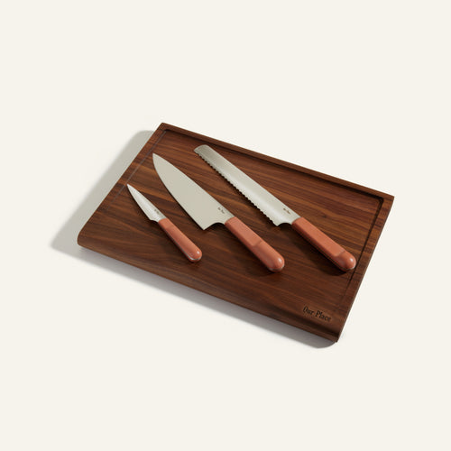 pink Serrated Slicing Knife Everyday Chefs Knife Perfect Paring Knife and Walnut Cutting Board bundle