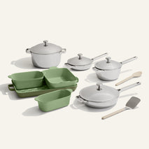 chrome titanium perfect pot pro, mini perfect pot pro, mini always pan pro, always pan pro and green bakeware set with silicone spoon and stainless steel spatula