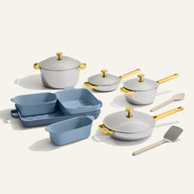 gold titanium perfect pot pro, mini perfect pot pro, mini always pan pro, always pan pro and blue bakeware set with silicone spoon and stainless steel spatula