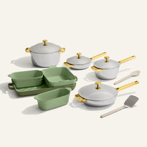 gold titanium perfect pot pro, mini perfect pot pro, mini always pan pro, always pan pro and green bakeware set with silicone spoon and stainless steel spatula