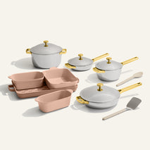 gold titanium perfect pot pro, mini perfect pot pro, mini always pan pro, always pan pro and pink bakeware set with silicone spoon and stainless steel spatula