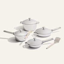 chrome titanium perfect pot pro, mini perfect pot pro, always pan pro, and mini always pan pro with silicone spoon and stainless steel spatula