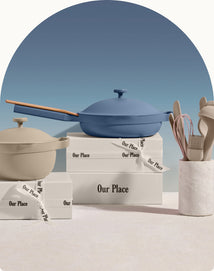 our place gifts under $100 - beige mini perfect pot, blue always pan, beige utensil essentials