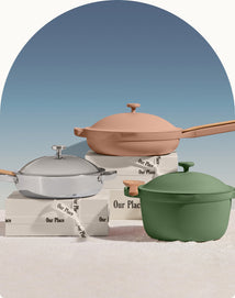 our place gifts under $200 - chrome titanium always pan pro, pink always pan, and green perfect pot